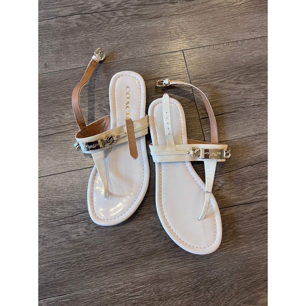 COACH White Patent Leather Sandals Gold Chain‎ Detail Adjustable Strap